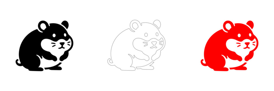 Three cute cartoon hamsters in different colors sitting and standing