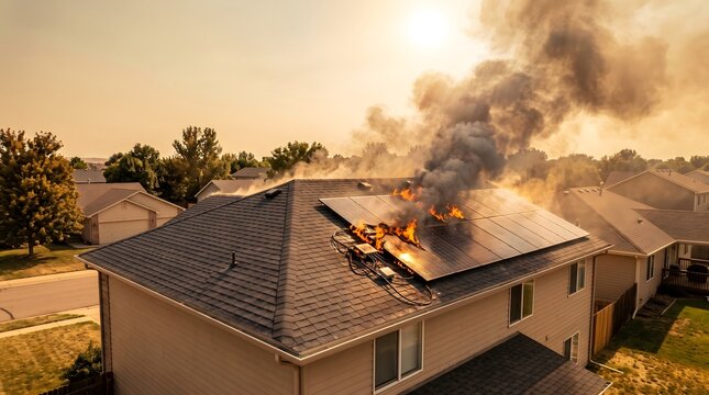 Solar Cell Panel Smoke Fire Burning at House Roof for Poor Installation and Overheat Day.