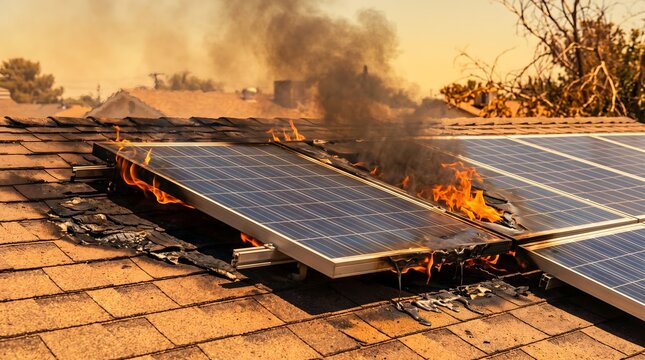 Solar Cell Panel Smoke Fire Burning at House Roof for Poor Installation and Overheat Day.