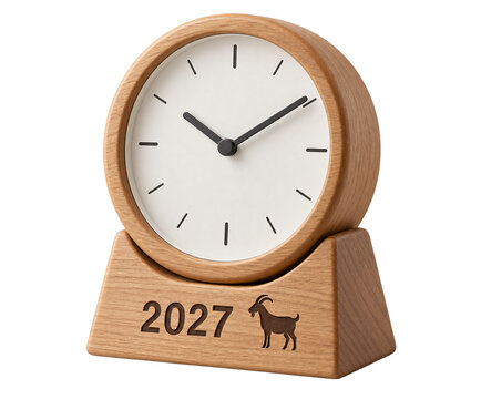 Wooden desk clock with 2027 goat motif transparent PNG