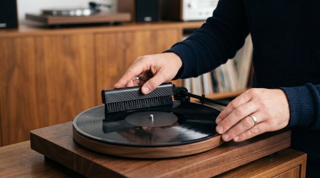 Close-up of audiophile hands using an anti-static carbon fiber brush to clean dust off a spinning vinyl record, highlighting audio care, vintage sound maintenance, and music nostalgia.