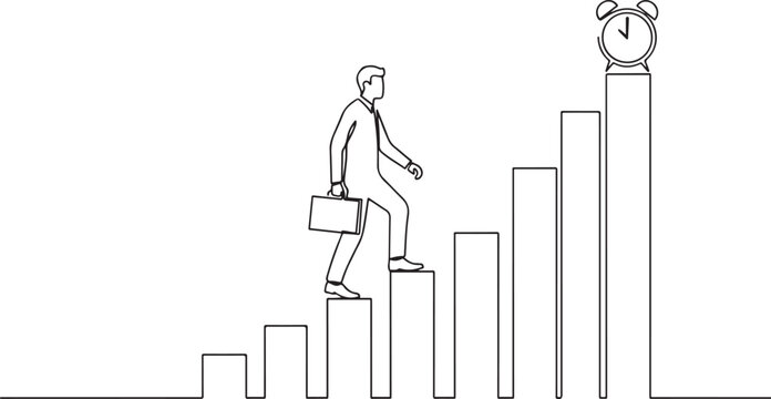 Single one line drawing of young business man walking on the graph bar to reach alarm clock. Business time discipline metaphor concept. one line Icon drawing
