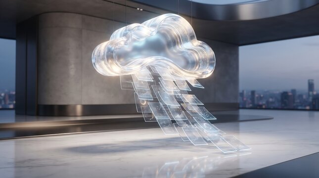 A futuristic digital cloud representing e-statements and data processing in a modern corporate office interior