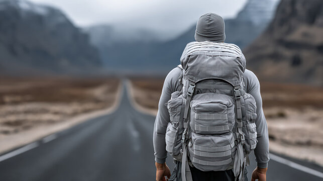 Backpacker road mountain outdoor adventure travel hiking solitude journey landscape wilderness exploration nature freedom
