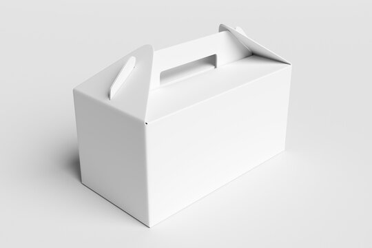 White paper gable box mockup with handle, blank cardboard packaging container front view isolated on white background, food gift takeaway carton template presentation, 3d render