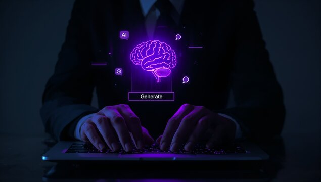 ai powered content creation and marketing automation, business professional using laptop to generate text images and ads in a modern digital workspace environment