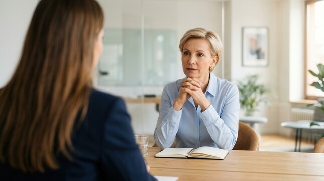 Serious mature female business leader interviewing a young woman job candidate.