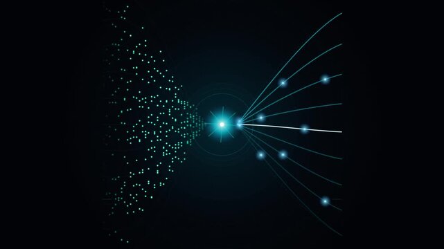 Abstract digital data stream converging into a glowing central node on a dark background