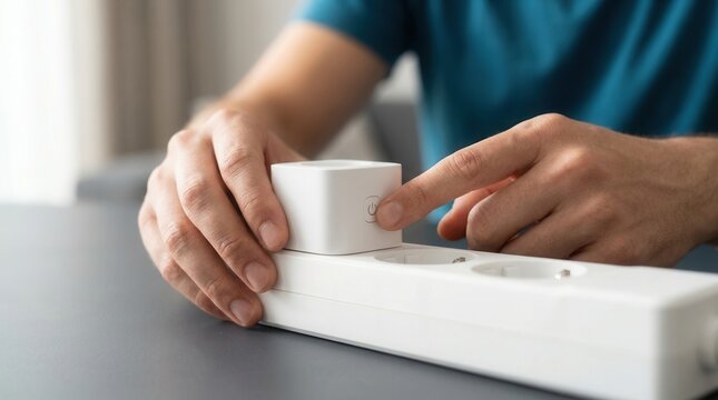 A person plugging a smart plug into a power strip to illustrate easy home automation setup.
