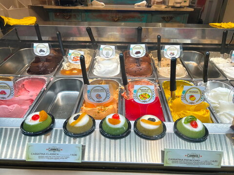 Palermo Italy May 2 2026 Gelateria showcase. Different types of ice cream, pistachio, tiramisu, chocolate. Italian ice cream in assortment. Traditional summer dessert.