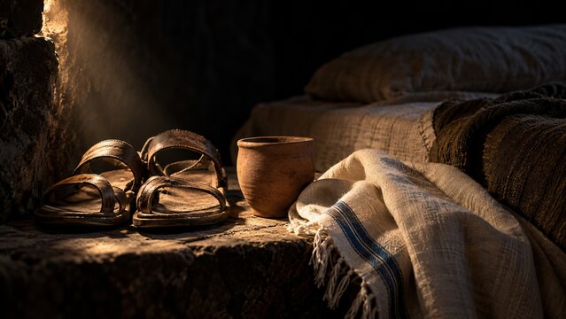 Old leather sandals and a clay cup rest on a stone floor beside woven cloth in dim warm light. A simple stone bed with rough bedding stands in the dark background. Biblical era still life