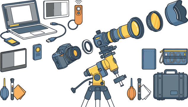 Vector illustration of astrophotography and star tracking gear including telescope equatorial mount dslr camera laptop software and lens filters