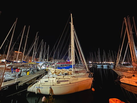 Palermo, Italy, September 2, 2026, night in the city marina on the Mediterranean Sea, sailing boats at anchor