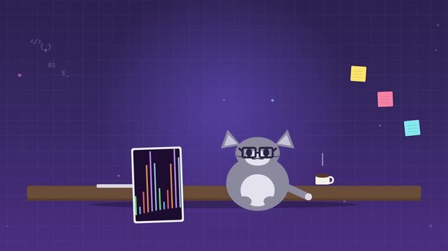 Feline accountant wearing spectacles examines financial reports next to a tablet showing bar graphs in a workspace.