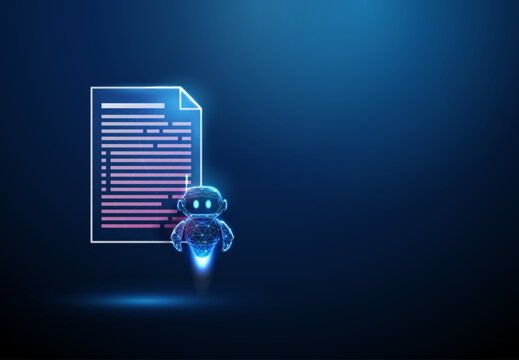 3D blue document and robot Automation, artificial intelligence, virtual assistant, data processing, machine learning, document analysis, smart helper, chatbot concept
