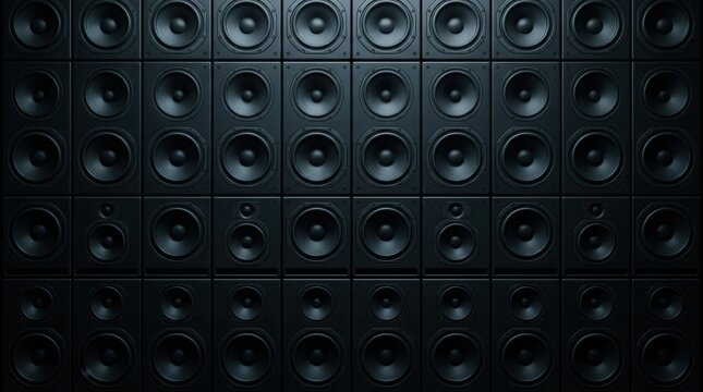 A grid of black speakers forming a wall for music production and sound design.