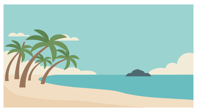 Tropical beach landscape vector illustration with palm trees sea shore and blue sky background design