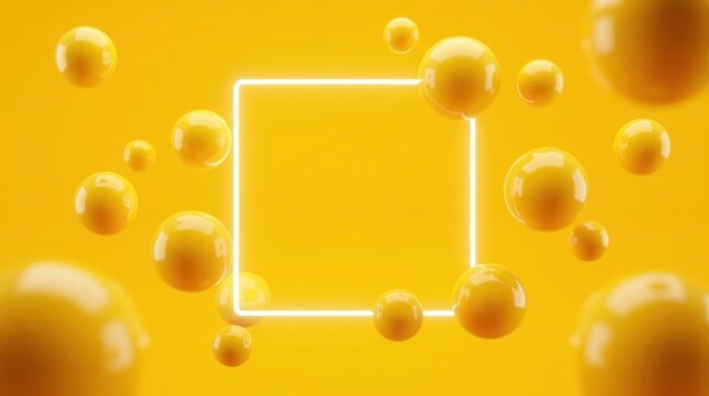 Glowing square neon frame with floating yellow spheres on a vibrant yellow background.