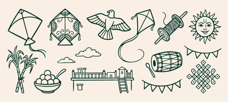 Kite flying festival and soaring bird doodle, colorful makar sankranti paper kites line art, traditional festival dholak drum drawing, scenic countryside bridge graphic, flying pigeon bird illustratio