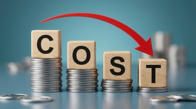 Wooden blocks spelling COST on top of silver coin stacks with a downward red arrow.