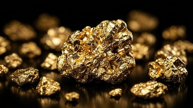 Shiny gold nuggets resting on a black background representing precious metal wealth.