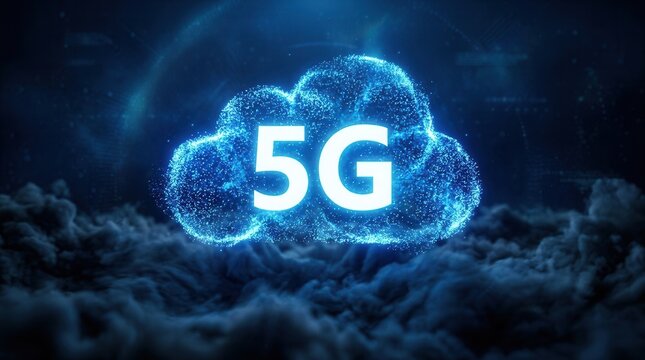 White 5G text displayed inside a bright glowing blue particle cloud floating above dark clouds.