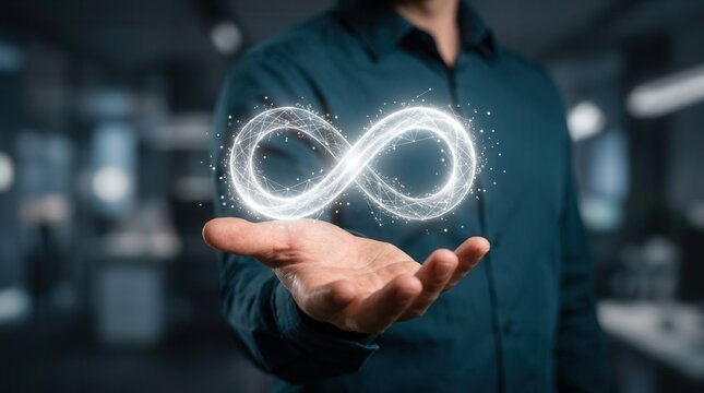 A businessman displaying a digital infinity symbol representing endless growth potential.