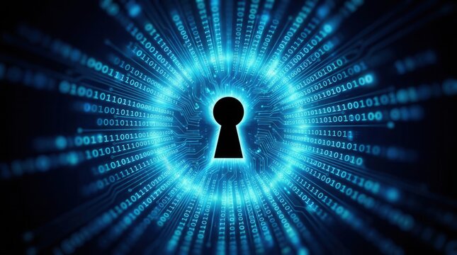A glowing digital keyhole icon symbolizes advanced cybersecurity measures for protecting sensitive information.