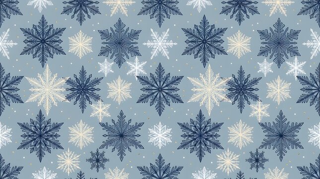 Seamless pattern with various intricate snowflakes on a soft blue background, winter holiday design element