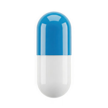 Close up view of a single capsule pill with blue top and white body transparent background