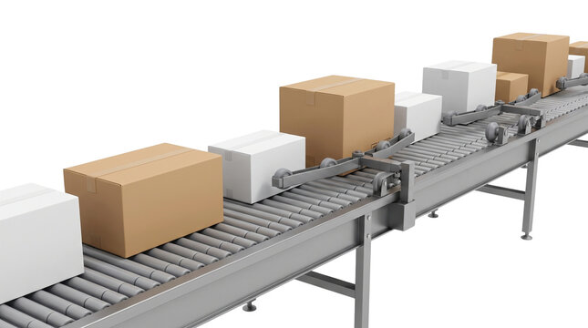 Industrial roller conveyor system transporting cardboard boxes for warehouse packaging and delivery