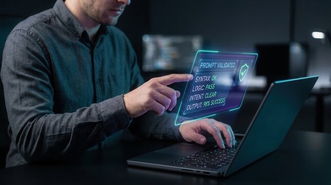 Prompt validation interface appearing above a developer laptop to check syntax accuracy and logic flow.