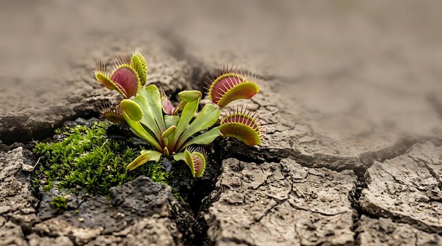 A single Venus flytrap plant growing from the dry cracked earth of a desert landscape