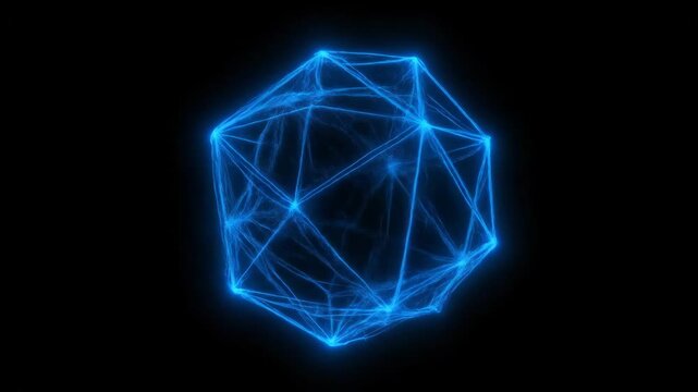 Abstract glowing blue geometric polyhedron on a dark background, futuristic concept.