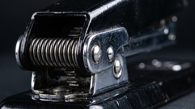Close up view of a black metal office stapler hinge and spring mechanism.