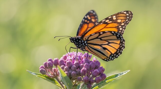A vibrant Monarch butterfly resting on a purple milkweed flower in a sunny meadow.