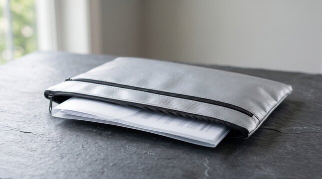 Fireproof and waterproof document storage bag lying open on a dark slate counter with important paper files inside, depicting disaster preparedness, document safety, and protection.
