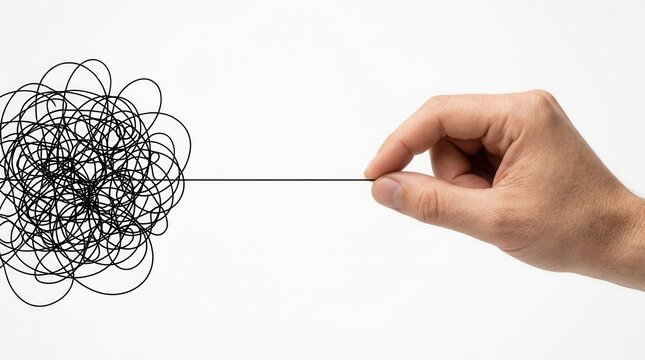 Abstract hand drawing of a tangled line representing chaotic thoughts and psychology.