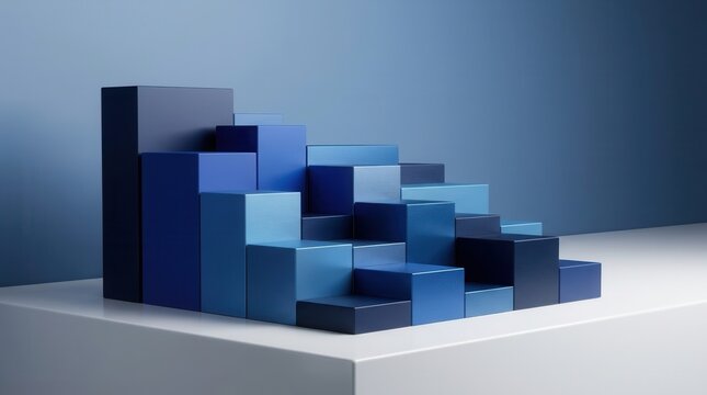 Abstract blue stepped geometric block structure background.