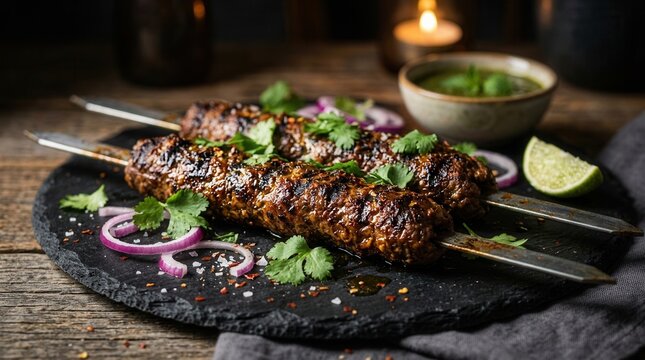 Grilled Seekh Kebab Skewers served with Red Onion Slices