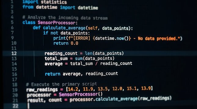Computer monitor screen displaying programming code syntax in a dark editor.