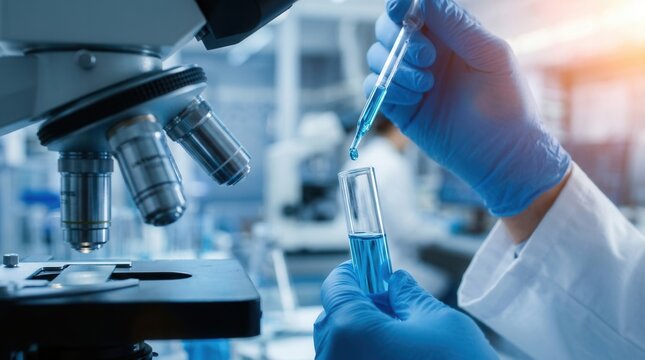 Biotechnology research concept featuring blue liquid in a laboratory glass tube under a microscope.