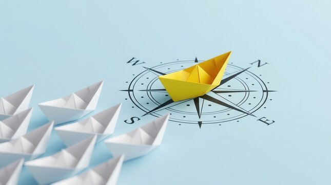 A yellow paper boat follows a compass to change direction and leave the mainstream.
