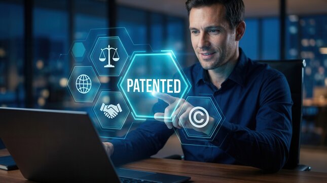 Business technology concept featuring patented copyright law and intellectual property protection.