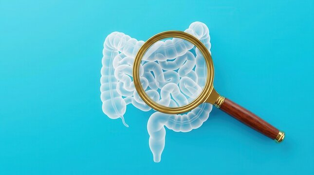 Medical illustration of the human intestine with a magnifying glass for digestion diagnosis.