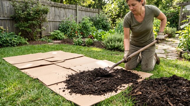 Female gardener shoveling rich compost over cardboard layers on a lawn to build a no-dig garden bed, depicting permaculture gardening, soil building, and eco cultivation.