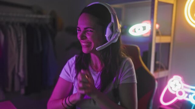 Woman with headset clenching fists and smiling in studio with neon sign and gaming chair; victory excitement.