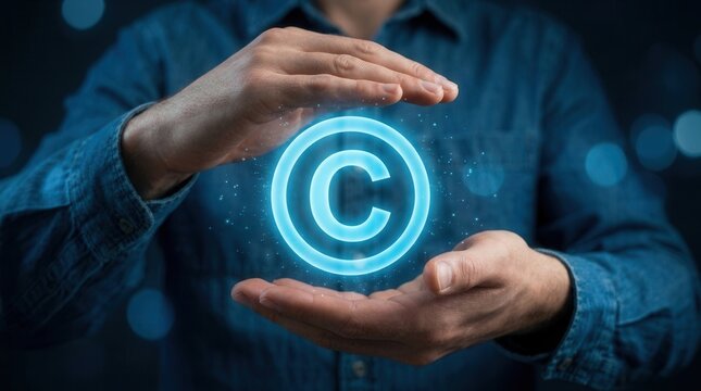 A glowing copyright symbol held between hands representing intellectual property rights.