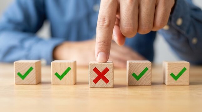 Hand choosing a wrong option marked with a red cross among correct choices.