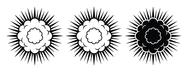 Set of explosion and smoke cloud icons in black and white, comic style blast symbols for action, impact, and dramatic visual effects © MrRakib